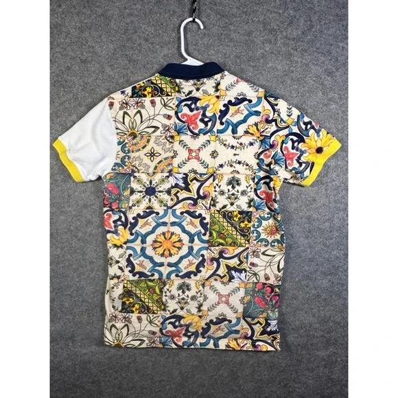 AKOO Mens White Tile Print Split Design Short Sleeve Polo Shirt Medium - Picture 9 of 9